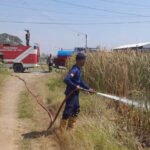 Foto : Tim Damkar Pati saat melakukan pemadaman api di salah satu lahan terbakar di wilayah Kabupaten Pati (Sumber : Dokumen tim Damkar Satpol PP Pati)