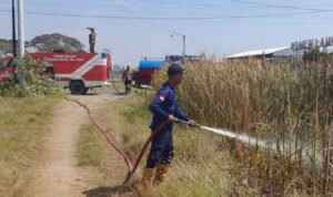Foto : Tim Damkar Pati saat melakukan pemadaman api di salah satu lahan terbakar di wilayah Kabupaten Pati (Sumber : Dokumen tim Damkar Satpol PP Pati)