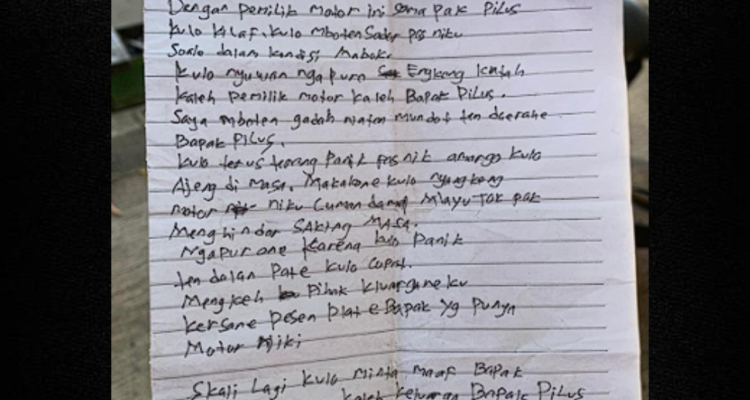 Maling di Semarang Viral Karena Kembalikan Motor Curian dengan Surat Permohonan Maaf Maling di Semarang Viral Karena Kembalikan Motor Curian dengan Surat Permohonan Maaf